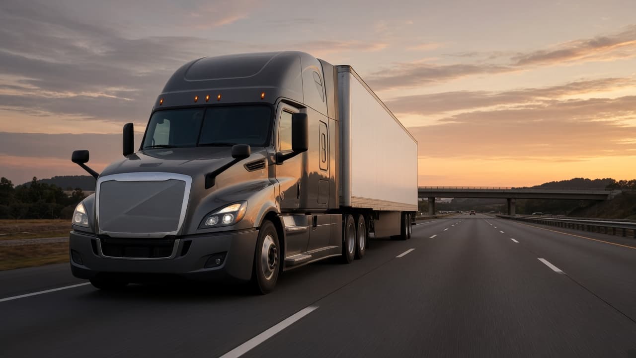 Late-model Freightliner Cascadia-class sleeper pulling an unbranded dry van on a US interstate at dusk