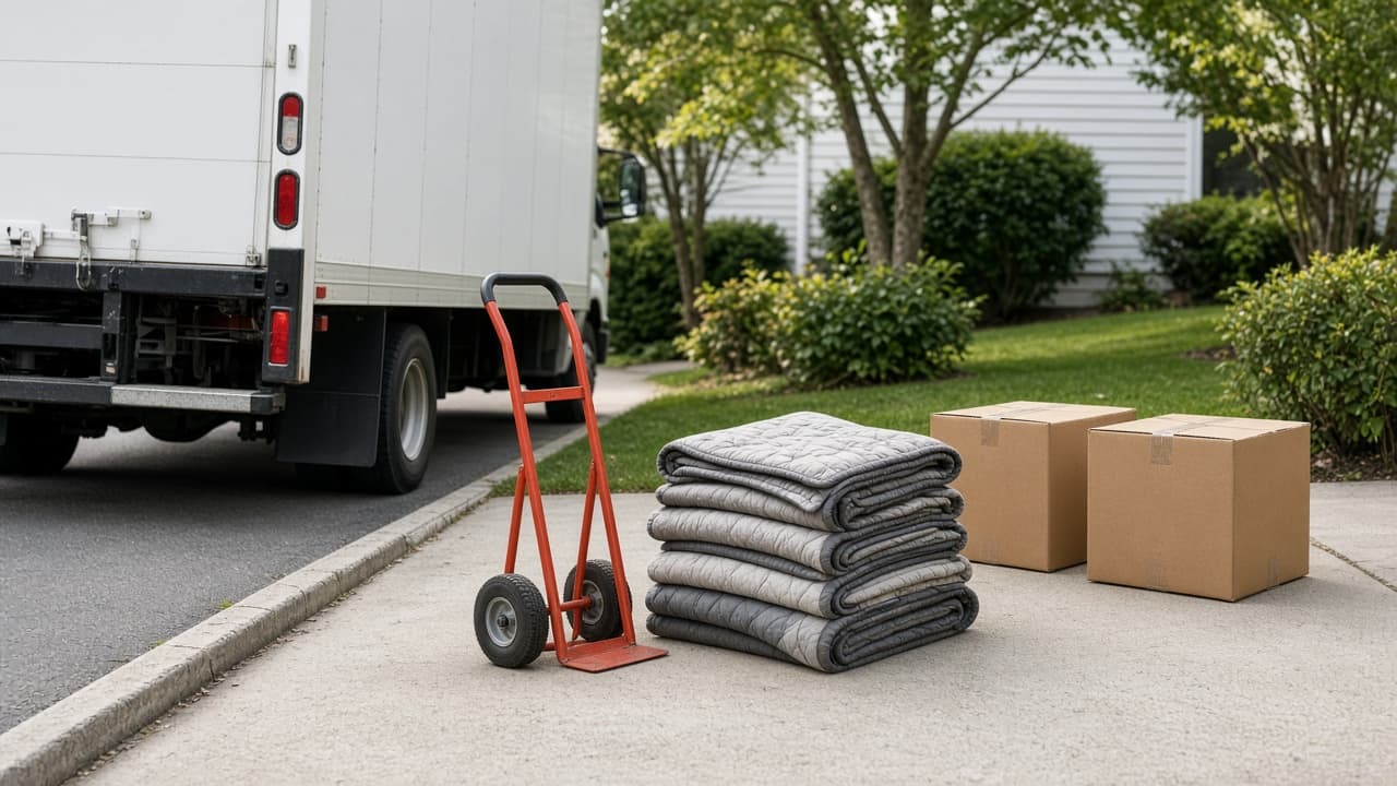 US driveway curb with a dolly, folded moving pads, cartons, and the rear of an unbranded box truck