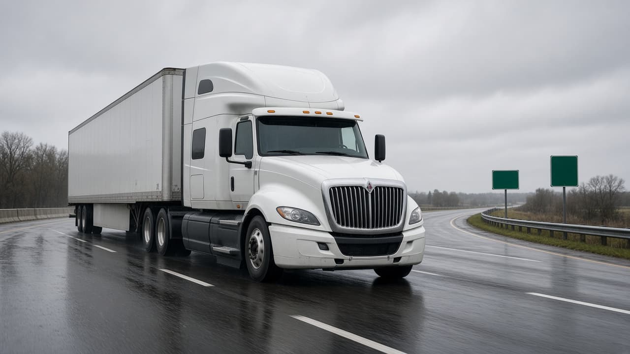 Late-model International LT sleeper on a wet US interstate with an unbranded dry van