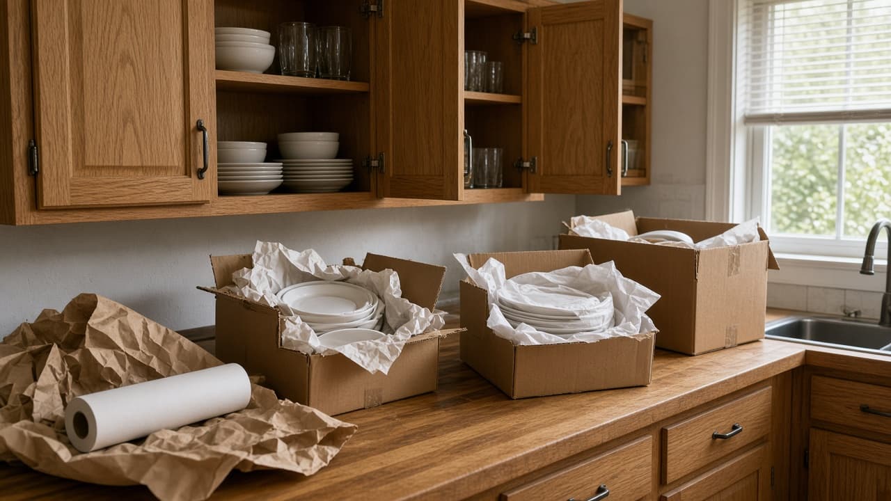US kitchen mid-pack with open cabinets, dish boxes, and packing paper