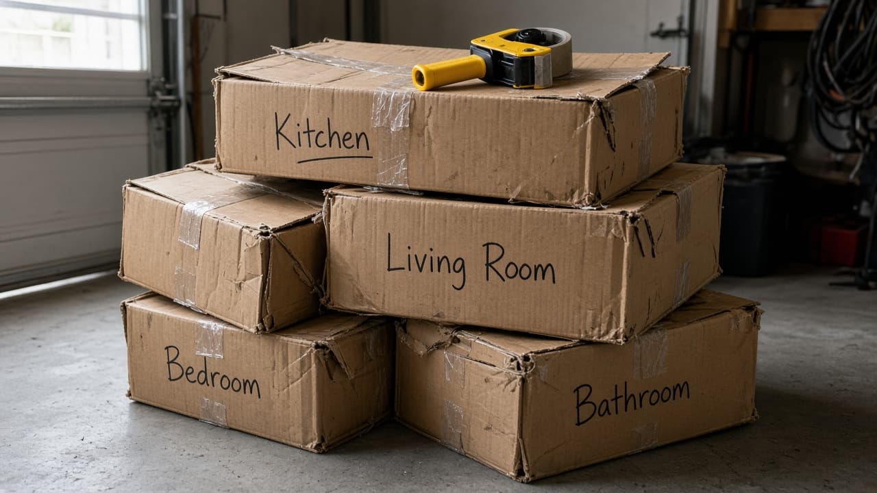 Stack of labeled moving boxes and a tape gun on a US garage floor