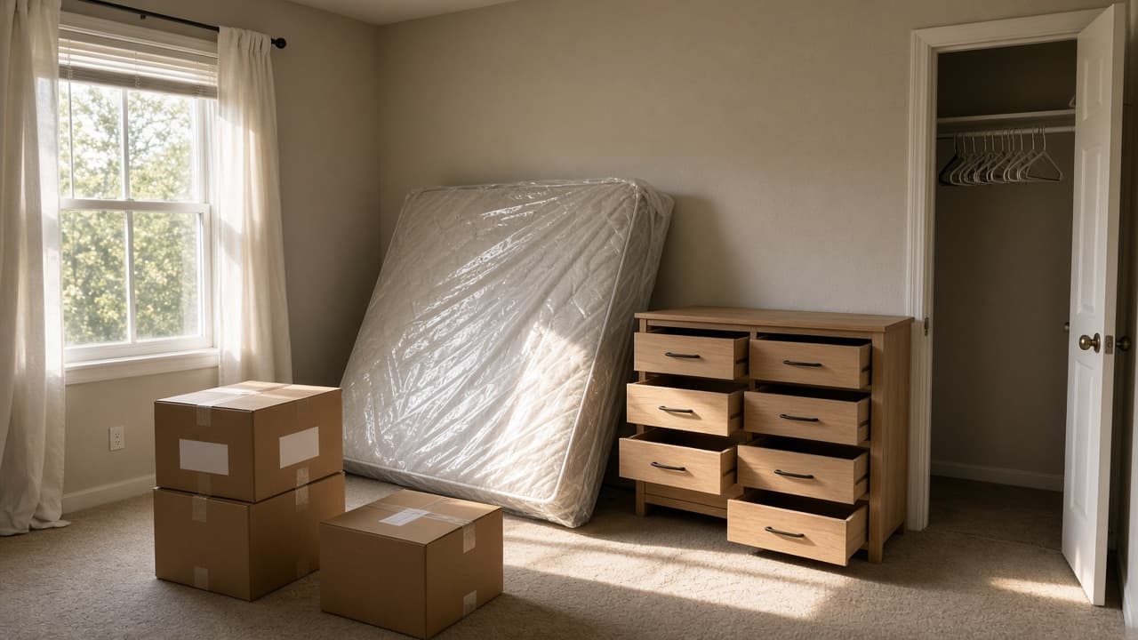 US bedroom stripped for a move with a bagged mattress, empty dresser, and labeled boxes