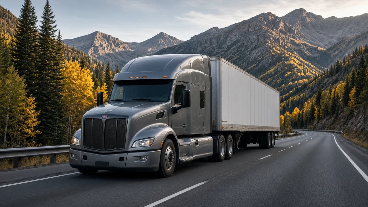 Late-model Peterbilt 579-class sleeper on a mountain US interstate with an unbranded dry van