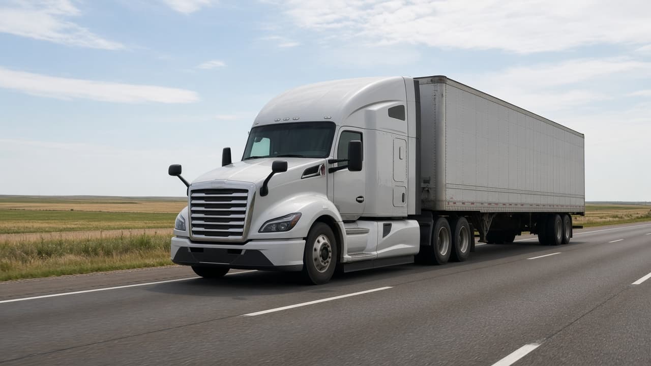 Late-model Kenworth T680-class sleeper pulling an unbranded dry van across a US plains interstate